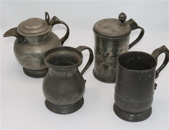 3 pewter tankards & a jug